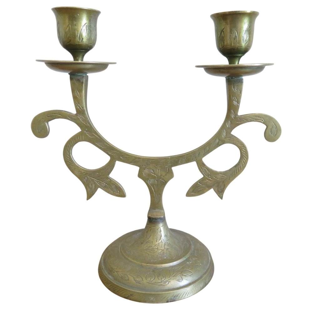 Vintage Etched Brass Double Candle Holder India Floral Scrolled‎ Candelabra 7in